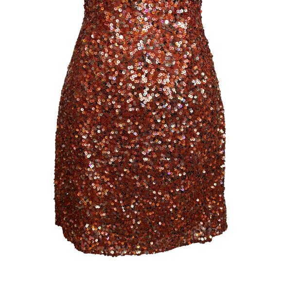 Vintage Scala One-Shoulder Full Sequin and Silk Mini Dress Sparkling Rust Orange - Picture 4 of 11